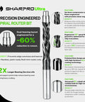 Heavy Duty Compression Spiral Router Bit With 1/4 Inch Shank And Dual Bottom Bearings To Slice Laminate And Plywood Patterns Like Butter For A Straight Shooter Finish, with detailed features and benefits highlighted.