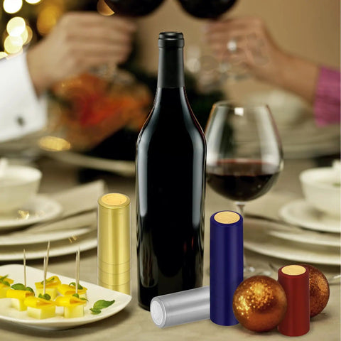Wine Bottle Cork Stopper Kit With Dope PVC Heat Shrink Capsules, 60 Pcs in 5 Colors displayed with wine and dining setup