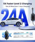 Badass Level 2 Tesla Charger With Nacs Link, 24 Amp Adjustable Power, 25 Foot Rugged Cable, Nema 14-30 And 14-50 Plugs for EV charging.