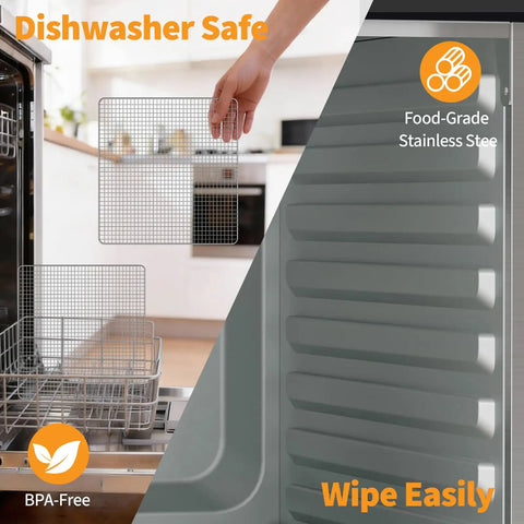 Top Shelf Eight Tray Stainless Steel Food Dehydrator With Kickin 500 Watt Electric Dryer showing dishwasher safe stainless trays.