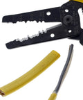 Close-up of Reflex Super NM Cable Stripper for 12/2 and 14/2 solid NM wire with yellow handles and stripped wire