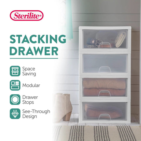 Front view of 6 Pack 16 Quart Stacking Storage Drawers For Closet Organization, Clear Plastic Modular Drawers With White Frame