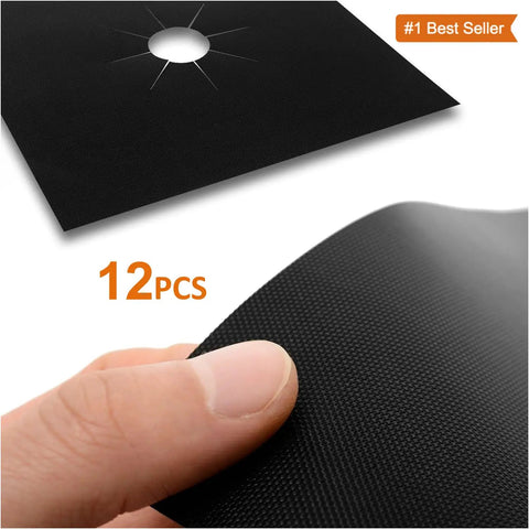 Close-up of black 14 Pack Stove Burner Covers Double Thickness Reusable Non Stick Heat Resistant Gas Range Protectors for Kitchen