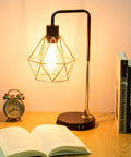 Set Of 2 Touch Control Black And Gold Desk Lamps With 2 USB Ports, Industrial Cage Style Bedside Reading Lamps with books.
