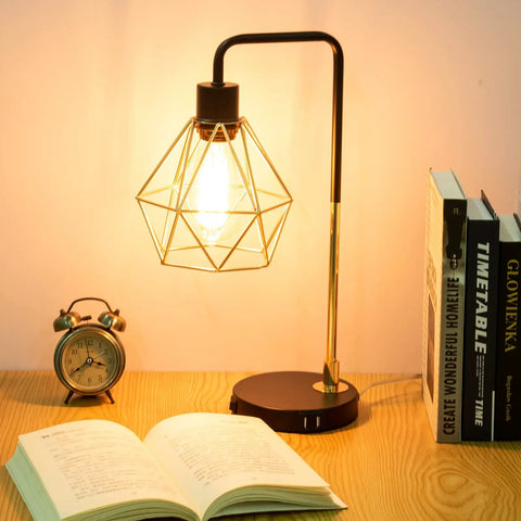 Set Of 2 Touch Control Black And Gold Desk Lamps With 2 USB Ports, Industrial Cage Style Bedside Reading Lamps with books.
