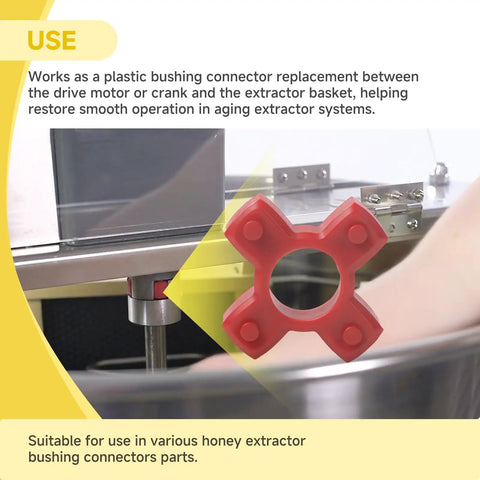 Plug And Play Easy Install Plastic Bushing Connector for Honey Extractor Replacement Fits 2 to 4 Frame Electric And Manual Units Compatible With VEVOR And VIVO Models Works With BEE V002E V003E V004E And Other 2 to 4 Frame Extractors PT BE BU01 in use with extractor as replacement
