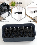 Organizer with cables and example uses for tidying cords, managing cables, and tying curtains, featuring black cable ties.