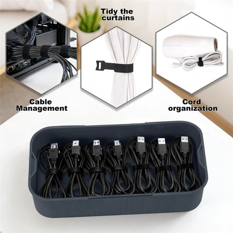 Organizer with cables and example uses for tidying cords, managing cables, and tying curtains, featuring black cable ties.