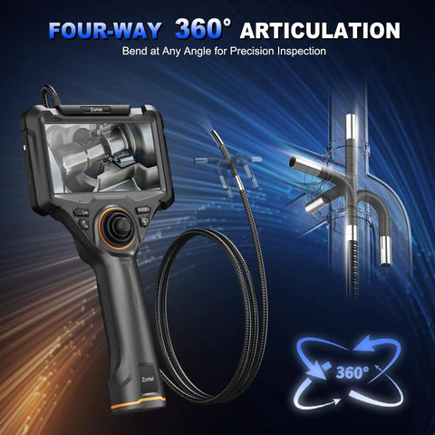 360 Degree Articulating Borescope With Five Inch Monitor And Four Way Joystick, 6.2mm Inspection Camera With Five Foot SemiRigid Snake Tube, HD Endoscope For Cars, Pipes And Gear showing 360° probe and LCD