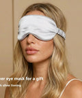 Person wearing silver eye mask from Grounding Fitted Sheets With 25 Percent Silver Infused Fiber And Cotton wellness kit
