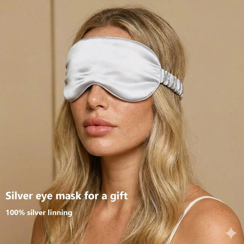 Person wearing silver eye mask from Grounding Fitted Sheets With 25 Percent Silver Infused Fiber And Cotton wellness kit