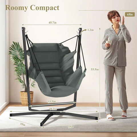 360 Degree Swivel Hammock Swing Chair With Stand Cushioned Hanging Chair For Indoor And Outdoor Use Holds Up To 400 Lbs next to person