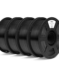 Four spools of PLA Plus Filament 1.75mm Black 4Kg Beefy Rock Solid Toughness for Everyday 3D Printing on white background.