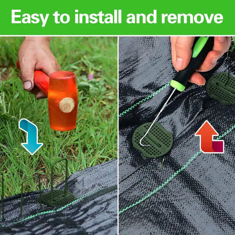 Green Painted Turf Stakes Set With 50 Stakes And 50 Buffer Washers 6 Inch 11 Gauge Heavy Duty Lawn Spikes installation with mallet and hook.