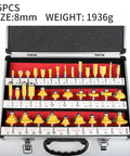 Professional 35 Piece Router Bit Set With One Quarter Inch Shank, 35 pieces in a case, yellow carbide bits for woodworking.
