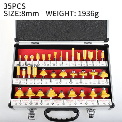 Professional 35 Piece Router Bit Set With One Quarter Inch Shank, 35 pieces in a case, yellow carbide bits for woodworking.