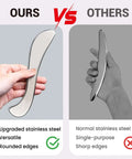 Comparison of upgraded stainless steel guasha tool with rounded edges versus normal with sharp edges.