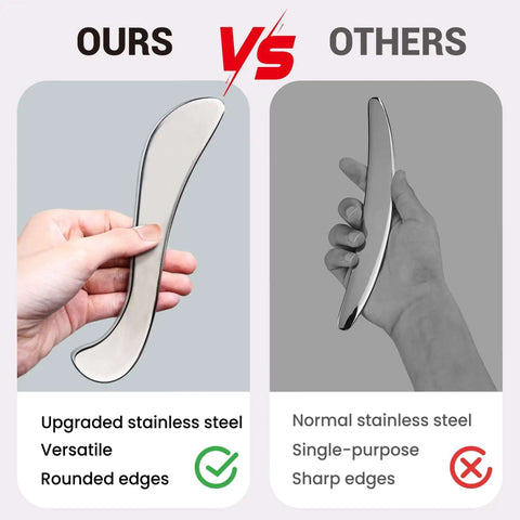 Comparison of upgraded stainless steel guasha tool with rounded edges versus normal with sharp edges.
