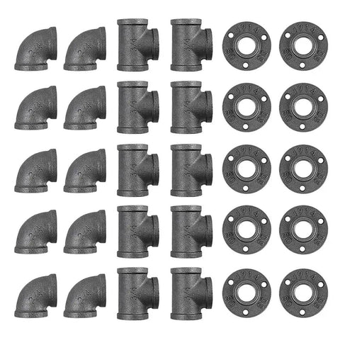 Three Quarter Inch Cast Iron Pipe Fittings Set 30 Piece Kit With Ten Elbows Ten Tees And Ten Flanges Built For Diy Projects