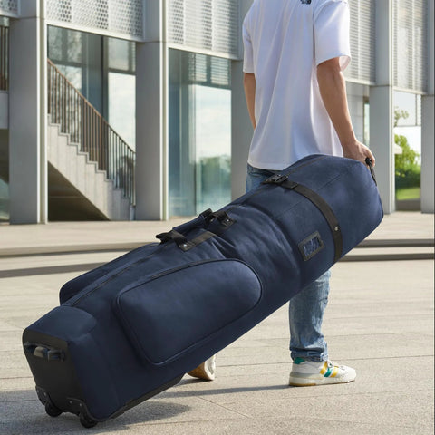 APTY padded golf club travel bag with wheels, blue 1680D wear-resistant Oxford fabric.