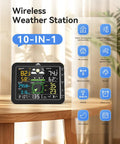 10-In-1 Wireless Weather Station with color LCD displaying temperature, humidity, wind speed, rain gauge, moon phase, and barometer.