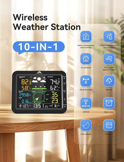 10-In-1 Wireless Weather Station with color LCD displaying temperature, humidity, wind speed, rain gauge, moon phase, and barometer.