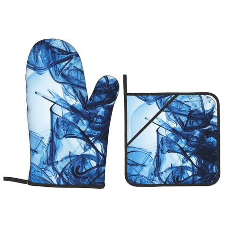 Rock Your Kitchen With These Cool Abstract Blue Fluid Shapes Oven Mitts And Pot Holders Set Of 4, showcasing blue abstract patterns.