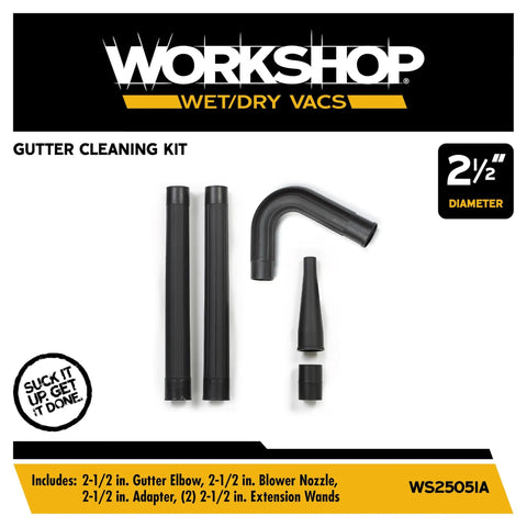 Gutter Cleaning Kit For Wet Dry Vacuums With 2-1/2 Inch Hose, showing two extension wands and a 90 degree elbow attachment.