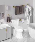 Bathroom with Brushed Gold 4 Piece Bathroom Hardware Set For Modern Walls, 26 Inch Total Length With 24 Inch Towel Bar, Wall Mounted SUS304 Stainless Steel, Includes Toilet Paper Holder And Hook, Durable, Easy Install in use.