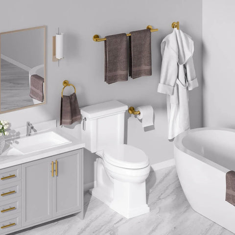 Bathroom with Brushed Gold 4 Piece Bathroom Hardware Set For Modern Walls, 26 Inch Total Length With 24 Inch Towel Bar, Wall Mounted SUS304 Stainless Steel, Includes Toilet Paper Holder And Hook, Durable, Easy Install in use.