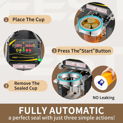 Operation steps of Automatic Cup Sealing Machine For 90 To 95 Mm Cups With Digital Panel Hands Free Sealing Ideal For Bubble Tea And Coffee Shops Seals 550 To 650 Cups Per Hour