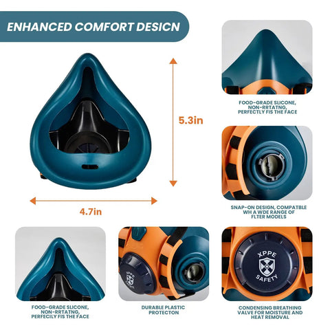 Close-up of All Day Comfy Reusable Silicone Half Face Respirator Mask with Filters, showcasing enhanced comfort design and silicone material.