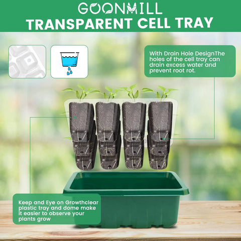 Ultimate Seed Starter Tray Kit With Grow Lights For Easy Seed Starting, showing transparent cell tray with seedlings.