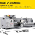 Product specifications for Precision Mini Metal Lathe Machine With 550 Watt Brush Motor, 2500 RPM Benchtop Woodworking Milling Tool.