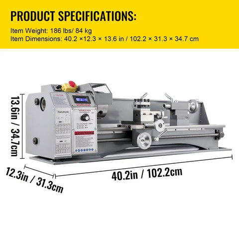 Product specifications for Precision Mini Metal Lathe Machine With 550 Watt Brush Motor, 2500 RPM Benchtop Woodworking Milling Tool.