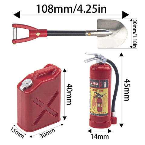 1 To 10 RC Scale Fire Extinguishers Mini Fuel Tank And Metal Shovel Decoration Set for Traxxas TRX4 Axial SCX10 models