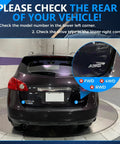 Rear of a Nissan Rogue showing AWD badge and instructions to check model and drivetrain type.