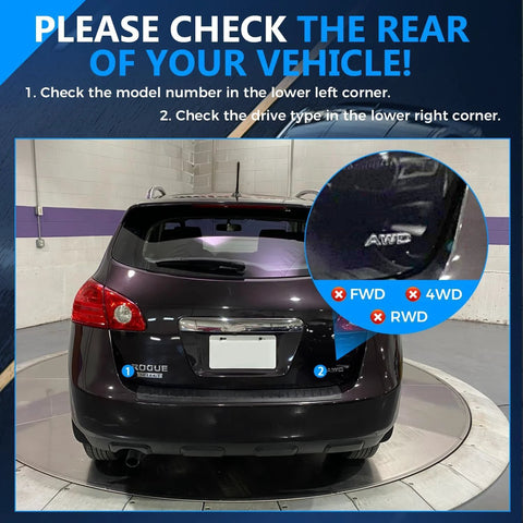 Rear of a Nissan Rogue showing AWD badge and instructions to check model and drivetrain type.