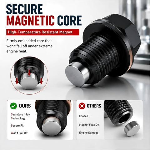 Universal M14 X 1.5 Magnetic Oil Drain Plug With Crush Washer Gaskets For Most Cars, CNC Aluminum Engine Oil Pan Bolt Kit That Traps Debris And Stops Leaks Like A Boss, black close-up