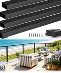 Heavy Duty 12Ft Black Aluminum Handrail For Cable Railing Systems, Solid 3Mm Thick Rectangular Deck Rail With Pom Connectors And Screws, Easy Cut Flat Top For AllWeather Patio Spaces, Rock Solid Grip That Never Leaves Family Hanging; 12-ft handrails with accompanying connectors and screws on a patio.