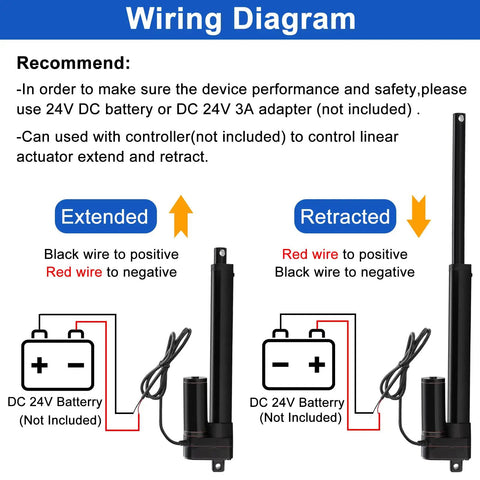 Wiring diagram for Rock Solid 24V Linear Actuator Featuring 12 Inch Throw And 440 Pound Pull Power showing connections for battery.
