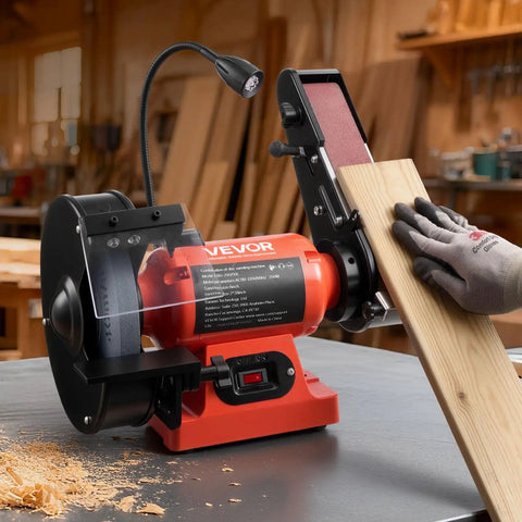 Heavy Duty Eight Inch Bench Grinder Paired With Two By Twenty Eight Belt Sander Combo with LED and shield for wood and metal work