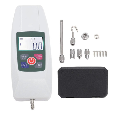 Digital Push Pull Dynamometer Meter With Backlit LCD Portable Force Gauge For Tension And Compression Testing Real Time And Peak Readouts N Lb Kg Oz Units Auto Power Off Storage Box Precision Machined Plus Minus 1 Percent, with attachments and case