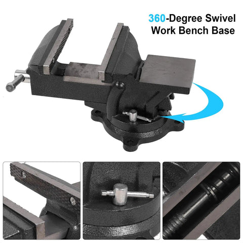 Heavy Duty Six Inch Bench Vise Rock Solid Cast Steel Frame With Double Locking Swivel Base, 360-degree swivel base detail.