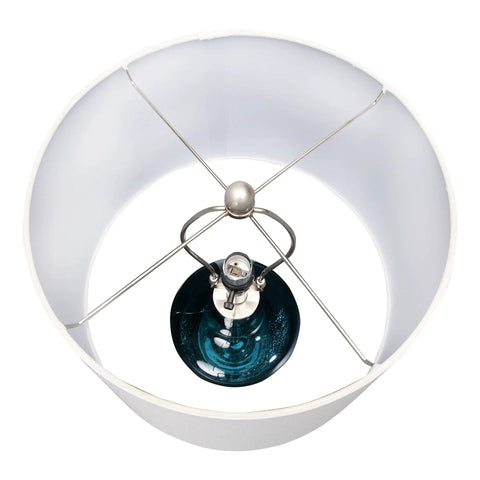 Top view inside cream empire shade revealing Cool Deep Blue Translucent Textured Glass Table Lamp With Chrome Accents