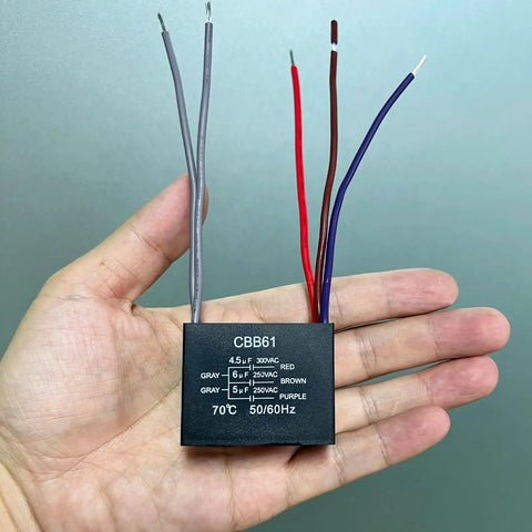 CBB61 capacitor from Ceiling Fan Pull Chain Switch Kit with 3 Speed 4 Wire Control, showing wires and specifications, UL listed.