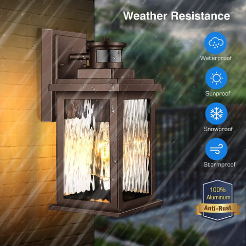Outdoor Motion Sensor Porch Light In Oil Rubbed Bronze, Waterproof Exterior Wall Lantern With Aluminum Mount and Ripple Glass