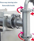 Three-way steering valve and removable buckle on Pro Grade Pneumatic Liquid Filling Machine For Bottles in stainless steel.