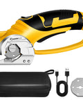 SakerPlus Cordless Electric Scissors Box Cutter With Rechargeable Battery, showing yellow handle and blade with storage bag and charging cable.