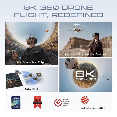 8K 360 Drone For Grownups Kids And Beginners Immersive Flying With Point-To-Fly Motion Control And Obstacle Avoidance